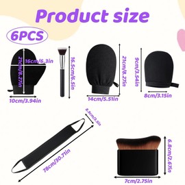 6 Pcs Tanning Mitt, Fake Tan Mitt Set, Includes Contour Brush, Makeup Brush, Exfoliating Glove, Black Rubber Gloves, Finger Cots, Microfiber Back Lotion Applicator