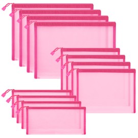 Sinzip 12 Pieces Zipper Nylon Mesh Pouch, Mesh Cosmetic Bags Makeup Bags Pencil Case, Multipurpose Travel Bags for Cosmetic School Office Supplies and Travel Accessories (Hot Pink, Assorted Sizes)