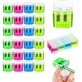 Kiswleon Pack of 24 4-Colour Pencil Sharpeners with Container, Can Sharpener for Thick and Thin Wtifte, Manual Pencil Sharpener with Lid, Children's Sharpener with Tin for School, Home Office (24B)