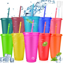 10Pcs Iced Water Cups with Lids & Straws, 24oz Reusable Cold Drinking Tumblers Colourful Gold Glitter, BPA Free Plastic Cup Tumbler Set, Coffee Smoothie Slushy Drinking Cup, Party Cups for Kid Adults