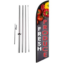 Fresh Produce Market Advertising Feather Banner Swooper Flag Sign with Flag Pole Kit and Ground Stake