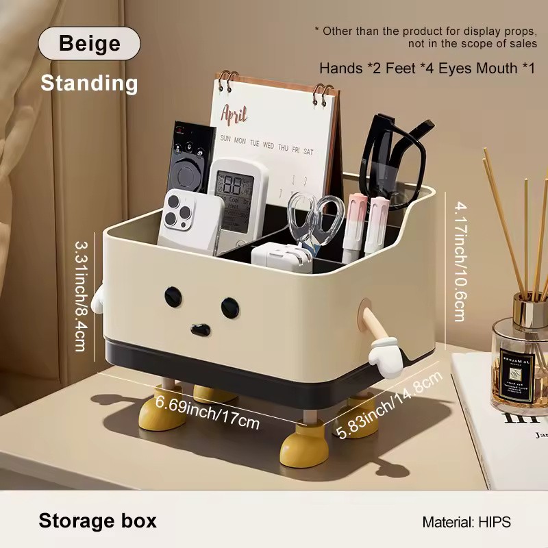 Beige Desktop Storage Organizer Box, HIPS Plastic Open-Top Compartment Desk