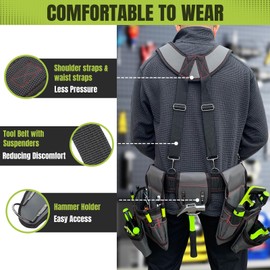 Tool Belt for Men, 32 to 66 Inches Adjustable Waist, Tool Belt with Suspenders for Electricians, Carpenters, Construction Workers and Gardeners, Grey and Red