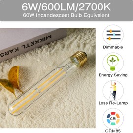 Duoled 7.3Inch T10 Led Bulb 6W Dimmable Light Bulbs E26 Tubular Bulbs 60 Watt Warm White 2700K E26 Edison AC120V 600lm Tube T9 T10 for Rustic Pendant,Chandeliers,Wall sconces, 6-Pack