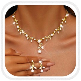 Brishow Wedding Jewelry Sets Gold Leaf Rhinestone Necklace Set Formal Pearl Costume Jewerly for Women and Brides (gold)