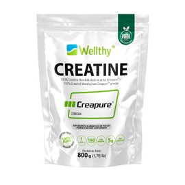 Wellthy Creatina Monohidratada Micronizada Creapure ® 800g. 100% Pura. Solo 1 Ingrediente Creatina Alemana Creapure®. Vegana, Sin Azúcar, 160 porciones, 5g por porción, Pre Entreno con Scoop. Pure. Proven. Perfect.