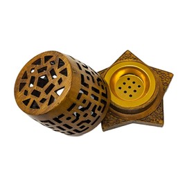 Resin Incense Burner with Metal Insert Bowl, Geometric Cut Out Cover, Tabletop Bakhoor and Resin Holder for Charcoal Use, Heat Safe Base, 7 x 10 cm (Brown)