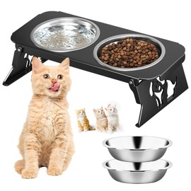 Comederos Mascota para Perro y Gato, Comedero para Perros con 2 Cuencos de Acero Inoxidable, Plegable, para Perros y Gatos Pequeño, Medianos y Grandes (Black)