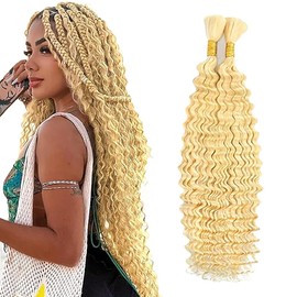 Jucames Real Hair Wefts, Deep Wave Human Braiding Hair Extension, Unprocessed Remy Hair Wefts, No Weft, #613 Blonde Colour for Woman, 24 24 Inches/61