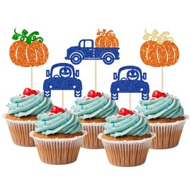 24 piezas de decoración de calabaza, camión de cosecha con purpurina, decoración de tartas, decoración para cosecha, día de Acción de Gracias, boda, fiesta de cumpleaños, color azul oscuro