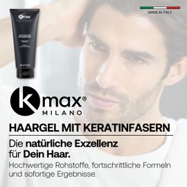 Kmax Hair Gel with Keratin Hair 200 ml, Volume Hair Gel Men and Women with Colour Pigments for Light Hair, Colouring Styling Gel Made in Italy - Black
