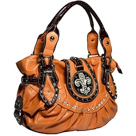 Western Rhinestone Studs Fleur De Lis Purse Handbag - Camel
