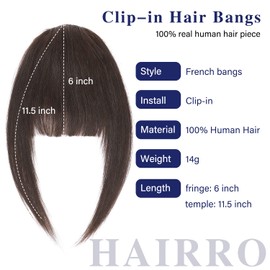Hairro Clip In Bangs, Natural Black Brown 100% Real Human Hair Piece Clip On Fringe With Temples Short Hairpieces Natural Flat Neat Bangs Remy Hair Extensions For Women Daily Use French Wispy Bangs