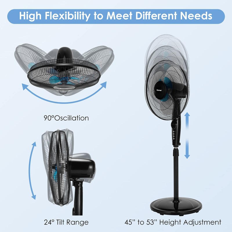 COSTWAY Pedestal Fan, 16-Inch Adjustable Height Fan, 3-Speed Digital Control,