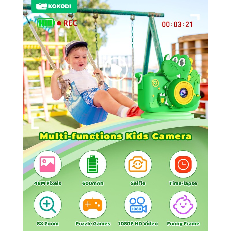 KOKODI Kids Camera Toy Digital Camera for Toddler Boys, Dinosaurs