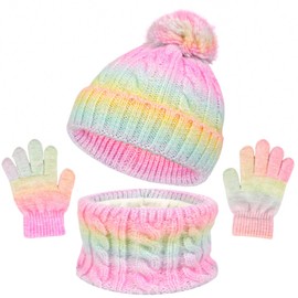 Mayoii Kids Hat Scarf Gloves Set – 3-in-1 Winter Knitted Hat Scarf and Gloves Set for Kids with Pom Pom Beanie, Neck Warmer & Mittens for Boys Girls Aged 3–10 (Gradient pink yellow)