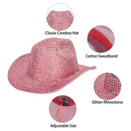 INOGIH Women Fringe-Rhinestone Western-Cowgirl-Hat Tassel-Decor Cowboy-Fedora-Hat for Party Music Festival Pink