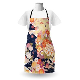 Lunarable Oriental Apron, Kimono Motif Japanese Blooming Floral Montage Edo Culture Land of The Rising Sun, Unisex Kitchen Bib Apron with Adjustable Neck for Cooking Baking Gardening, Yellow Blue