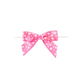 Reliant Ribbon Hearts Satin Loops X 3-1/4in Span, 2 Tails X 2in X 7/8in Ribbon Width & 5in Twist Tie Bows, Hot Pink/White