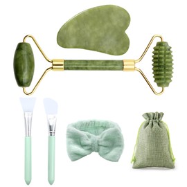 ZYKORT Kit Gua Sha of Jade and Jade Roller Face, Natural Massager for Green Jade Stone, Roller Face Massager and Guasha Stone for Muscle Relaxation, Anti-Ageing