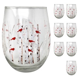 BANBERRY DESIGNS Cardinal Stemless Wine Glasses - Set of 8 - Cardinals Perched on White Birch Trees - All Occasion - 4 3/4" H with a 20 oz Capacity