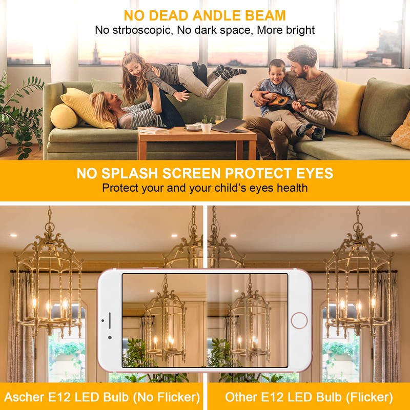 Ascher E12 Candelabra LED Light Bulbs 60 Watt Equivalent, Warm