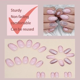 Pack of 24 False Nails, Short Almond Shape, French Pink, Shiny Acrylic, Stick on Nails, 12 Sizes, Glue Set for Women and Girls, Party and DIY