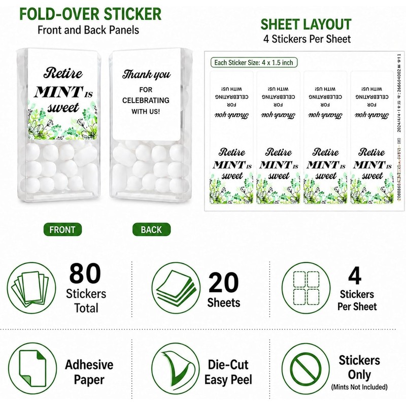 Retirement Favor Stickers for Mint Boxes: 80 Fold-Over Paper Stickers