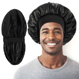 Tyqour Silk Hood for Sleeping Night Sleep Cap Satin Bonnet Double Layer Soft Silk Bonnet Sleep Cap Adjustable Silk Sleep Cap with Elastic Band for Women Men Children, black