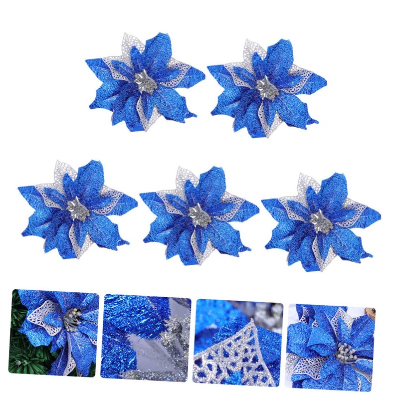 Ciieeo 5Pcs Blue Hexagonal Gold Thread Christmas Decorative Flowers for