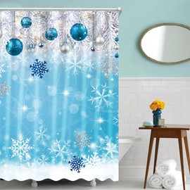 Fitumiw Christmas Winter Wonderland Shower Curtain 72" x 72" Winter Snowflakes Home Bathroom Decorations Blue Christmas Balls Bathtub Curtain Set with 12 Hooks