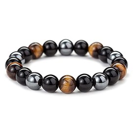 Black Obsidian Hematite Triple Protection Bracelets Set - Tiger Eye Beaded Natural Stone Bracelet for Men Women Gemstone 3-piece set (6MM 8MM 10MM) (1 piece 10MM, 9 inch)