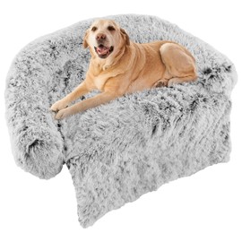PETSITE Plush Calming Dog Bed, Fluffy Pet Bed for Couch with Washable Removable Cover and Soft Neck Bolster, Waterproof Dog Sofa Bed Furniture Protector Mats (Grey, 47.0" L x 45.0" W x 7.0" Th)