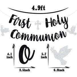 Black Glitter First Holy Communion Banner, First Communion/Mi Primera Comunión/Mi Bautizo, Baby Shower Baby's 1st Birthday Baptism Party Decorations Supplies