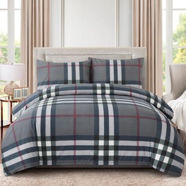 Marina Decoration Ultra Soft Silky Zipper Rich Printed Rayon from Bamboo All Season 2 Pieces Duvet Cover Set with 1 Pillowcase, Modern Grey Tartan Pattern Twin/Single Size