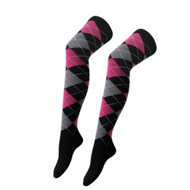Argyle Over The Knee Socks Ladies Thigh High Diamond Check Pattern Golf Socks 4-6 (Black With Pink & Grey Argyle)