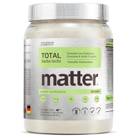 Matter Total Sport Proteína Vegana Sacha Inchi y Chícharo Sabor Vainilla Veracruzana, con Probióticos, Enzimas Digestivas Biocore y BCAAs, Apoyo al Rendimiento y Recuperación Muscular, Bote con 700 g