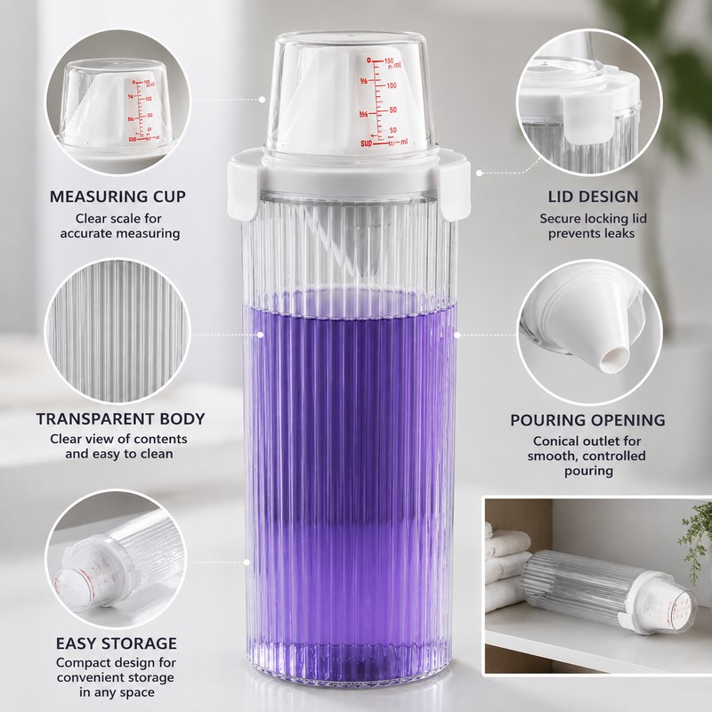 Laundry Detergent Dispenser Bottle with Measuring Cup – Transparent Storage