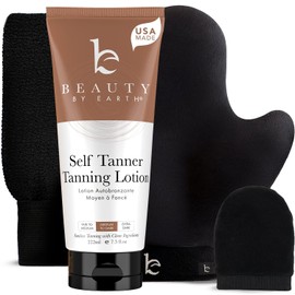Beauty by Earth Self Tanning Bundle - Sunless Tanning Lotion Best Sellers with Self Tan Mitt, Exfoliating Glove and Face Tanner Mitt, Best Self Tanner for Face and Body Kit for Streak Free, Sunless Tan Results