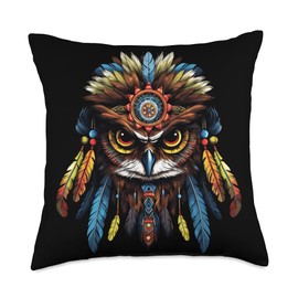 Native American Day American Indian Indigenous Owl Native American Indian Headdress Feather Tribal Arts Throw Pillow, 18x18, Multicolor