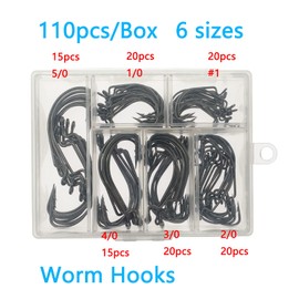 Afmivs Worm Hooks for Bass Fishing Hooks, 110pcs/Box Bass Hooks Fishing, Offset Worm Hooks, Worm Hook 6sizes #1 1/0 2/0 3/0 4/0 5/0 High Carbon Steel With Portable Plastic Box for Freshwater Saltwater
