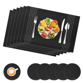 Place Mats for Table Sets 6 GIOVARA Placemats and Coaster 45 * 30 cm, Heat Resistant Dining Table Mats, Table Mats PVC Dual-Sided Washable, Non-Slip for Kitchen Home Restaurant (Blcak)