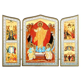 World Faith Russian Icon Resurrection of Christ Triptych Gold Foil Mounted On Wood 6 3/4 x 10 Inches Religious Icon