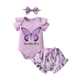 Newborn Baby Girl Summer Clothes Infant Ruffle Short Sleeve Butterfly Romper Bowknot Shorts Headband Outfit Set Purple 3-6 Months