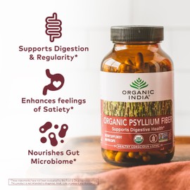 ORGANIC INDIA Psyllium Husk Capsules - Fiber Supplement, Healthy Elimination - Vegan, Keto, Gluten-Free, USDA Certified Organic, Non-GMO, Soluble & Insoluble Fiber Source - 180 Count (Pack of 2)