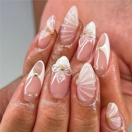 24 Pcs White French Tip Press on Nails Glossy False Nails with 3D Water Ripple and Floral Designs Full Cover Acrylic Nails Short Almond Shaped Fake Nails Stick on Nails for Women Nails Manicure Decor