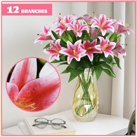 BloomLife Artificial Lily Flowers, 6 Stems with 12 Flowers & 6 Buds Total, Realistic Fake Flowers for Home Decor, White or Pink, 23.6" Tall, Wrinkle-Free & Bendable Stems for Vase Arrangements (Pink)