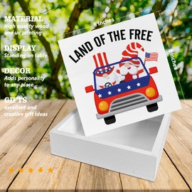 4th of July Decor Independence Day Sign Patriotic Wooden Box Sign Patriotic Gnomes Land of the Free Square Wood Sign Desk Decoration Wood Block Plaque Box Sign for Shelf Home 5 x 5 Inches