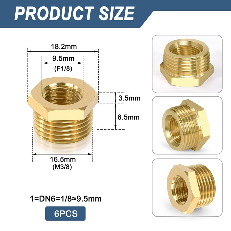 Brass Reducer, 3/8 Inch Male Thread x 1/8 Inch Female