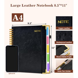 Hardcover Large Spiral Notebook 8.5" x 11" with Removable Dividers Tabs, 300 Pages Leather 5 Subject Notebook College Ruled, A4 Journal for Women Men, Notebooks for Work School Note taking,Black